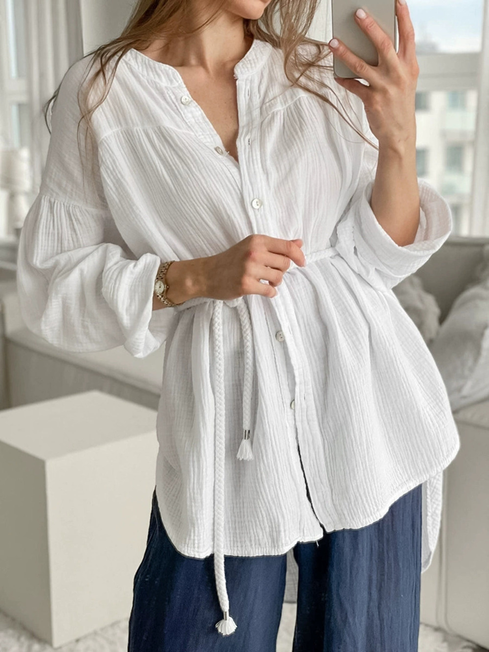 Forever 21 Cotton Crepe Tie Front Stand Collar Long Sleeve Midi Cardigan Loose
